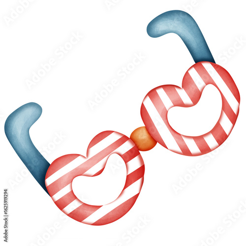 Heart-shaped glasses with candy cane striped frame and blue arms
