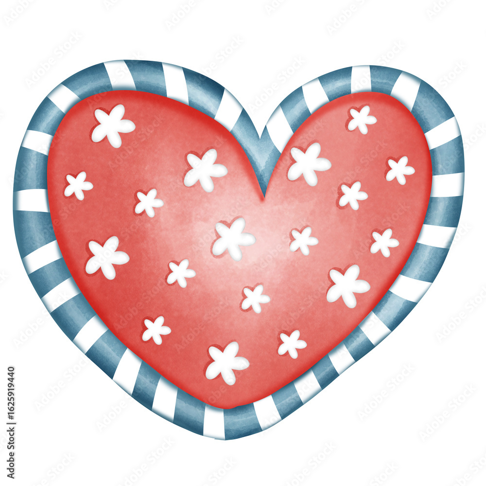 Obraz premium Red Heart with White Flowers and Candy Striped Border