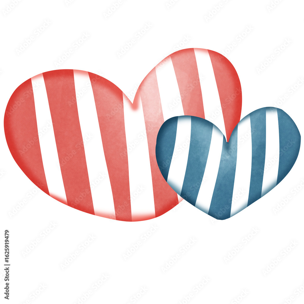 Fototapeta premium Two Hearts Together with Vertical Red and Blue Stripes
