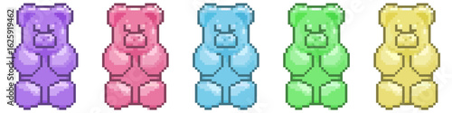 Pixel colorful gummy bear vector for sweets, childhood, and playful designs in a retro pixelated style. Perfect for fun, confectionery, and nostalgic themes.