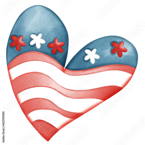 Tipped Patriotic Heart with Red and White Waves and Blue Star Cluster