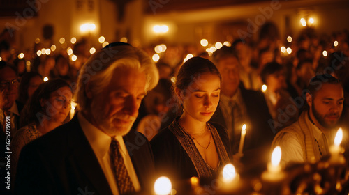Selichot Service, Jewish congregation praying in candle-lit synagogue