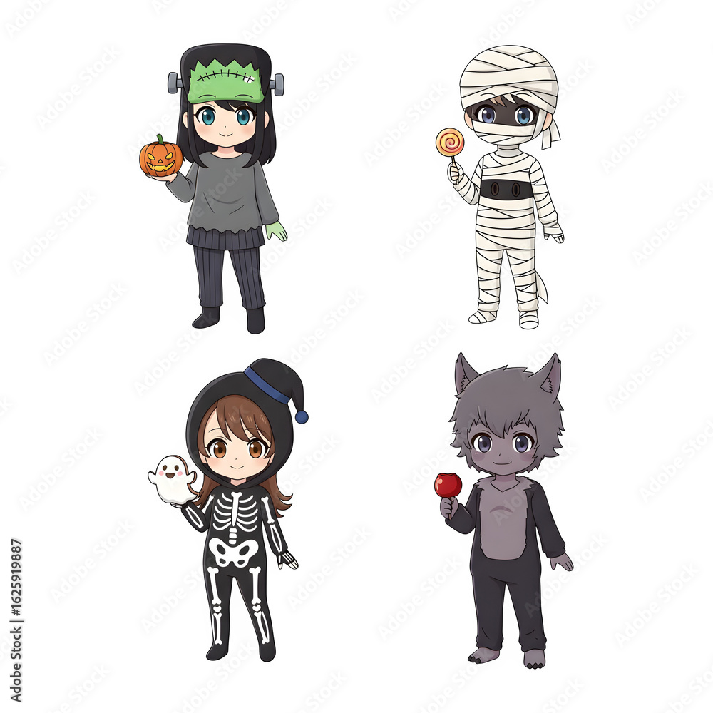 Fototapeta premium A cute child in a anime-style cartoon Halloween costume, happy for Halloween. Transparent background.
