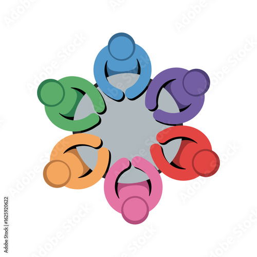 Connected Minds: An abstract representation of a meeting with diverse individuals gathering around a central table. An illustration showcasing collaboration and unity.