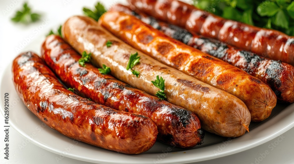 Assorted grilled sausages with a crispy outer layer and juicy shine, isolated on a white surface for a fresh and savory appearance Assorted grilled sausages with a crispy outer layer and juicy shine, isolated on a white surface for a fresh and savory appearance