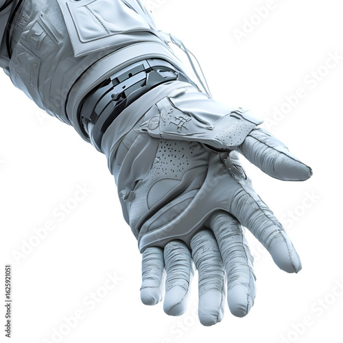 Futuristic astronaut glove reaching out, a detailed exploration of advanced space suit technology and the human element in cosmic endeavors.