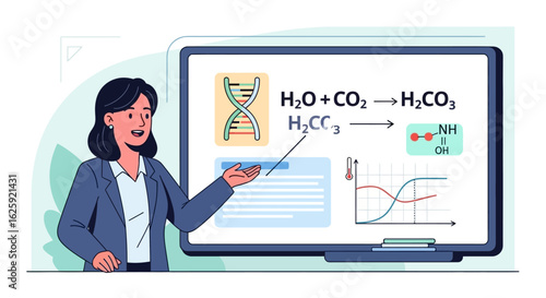 Science education concept with a female professor explaining chemistry and biology on a digital whiteboard.