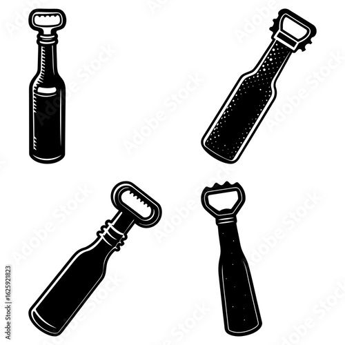 Illustration of four bottle openers in various styles and orientations on a white background art
