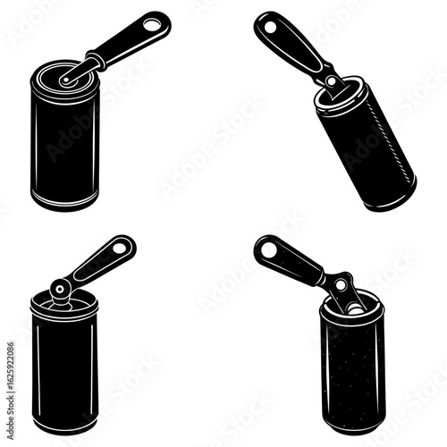 Monochromatic illustration showcasing four black lint rollers in varying orientations and perspectives