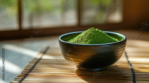 Black bowl containing high-grade matcha powder placed on a bamboo mat in soft natural light
