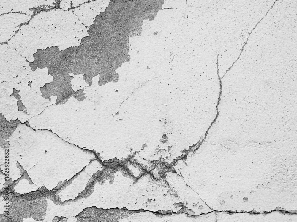 Fototapeta premium Crack wall texture background broken earthquake effect, whtie grey building cement damage pattern plaster grunge black line paint surface abstract, construction rough street concrete backdrop.