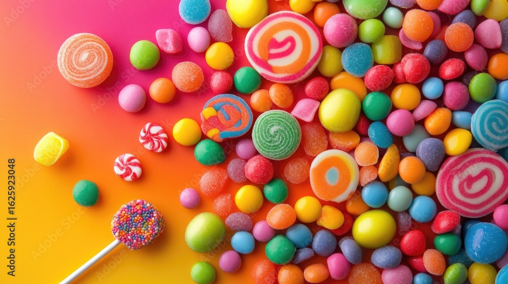 Fototapeta premium Candy assortment with vivid hues spread over a dynamic multicolored background, conveying joy and indulgence