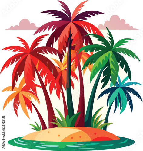 Vibrant tropical island oasis with colorful palm trees