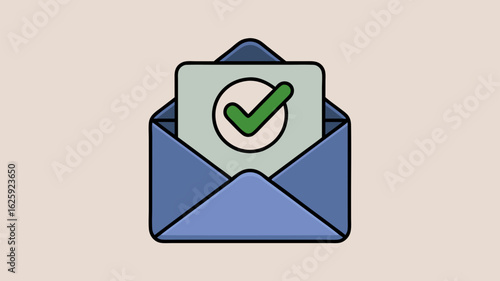Open blue envelope with a green checkmark inside a message symbolizing confirmation