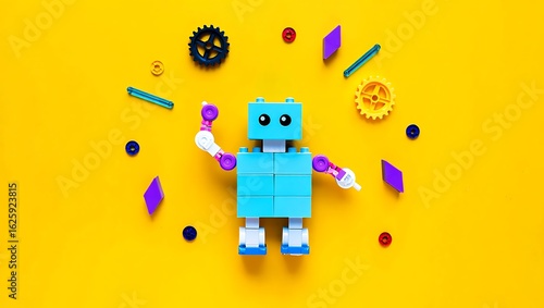 Cheerful light blue block robot with purple and orange accents surrounded by colorful gears on a vibrant yellow background.