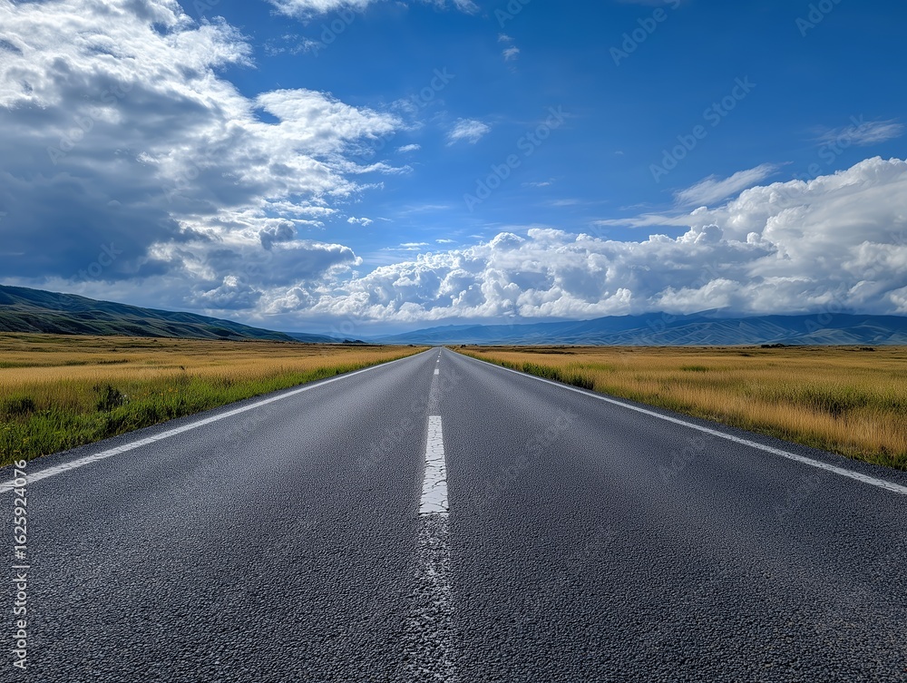 Naklejka premium 一直線に続く田園の一本道と雄大な空の風景
