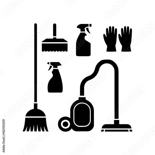Cleaning Equipment Illustration: A set of cleaning tools and equipment. The equipment, a brush, spray bottle, vacuum, cleaning gloves, etc., are isolated against a plain background. 