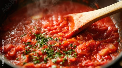 Close-up inside a pot of homemade red pasta sauce cooking, with a wooden spoon stirring thick tomato and herb mixture