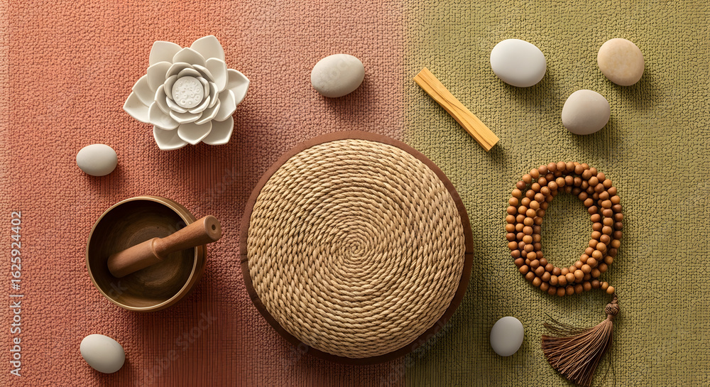 Fototapeta premium Arrangement of Meditation and Spiritual Objects, Promoting Serenity and Inner Peace through