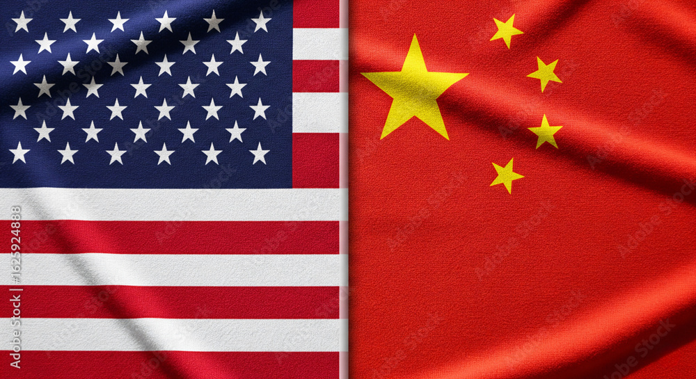Fototapeta premium USA and China Flags in High-Detail Fabric with Dramatic Lighting Symbolizing Trade Tension and Global Power Struggle Concept JPG