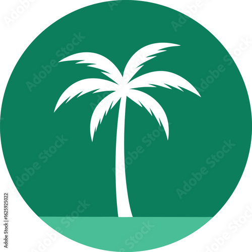 Simple white palm tree silhouette on a teal green circle background