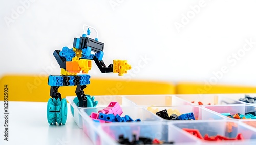 Colorful robot figure made from building blocks stands next to a clear organizer box filled with assorted toy pieces.