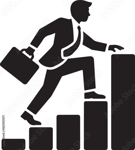Vector Icon: Businessman Climbing Bar Graph, Success Symbol, Sign of Growth, Achievement Sign