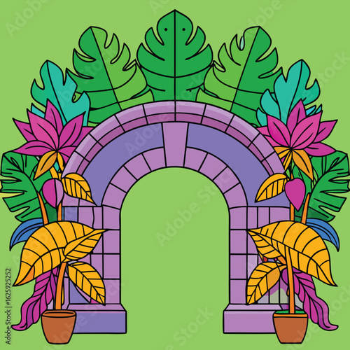 Vibrant archway with tropical foliage and flowers