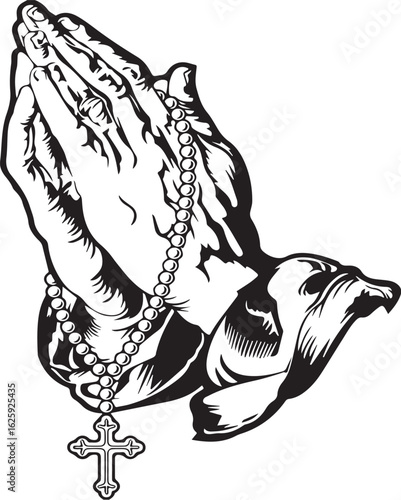 Vector art of praying hands with rosary isolated on white background
