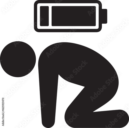 Exhausted Person Symbol, Low Battery Sign, Depleted Energy, Black and White Minimalist Design
