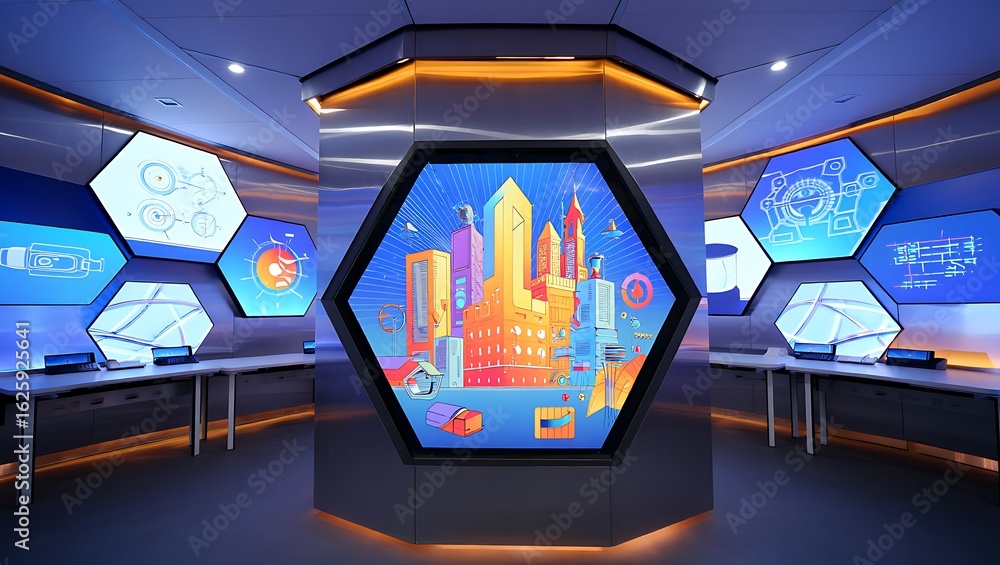 Fototapeta premium Futuristic command center with a large hexagonal screen displaying a vibrant abstract city surrounded by data visualizations.