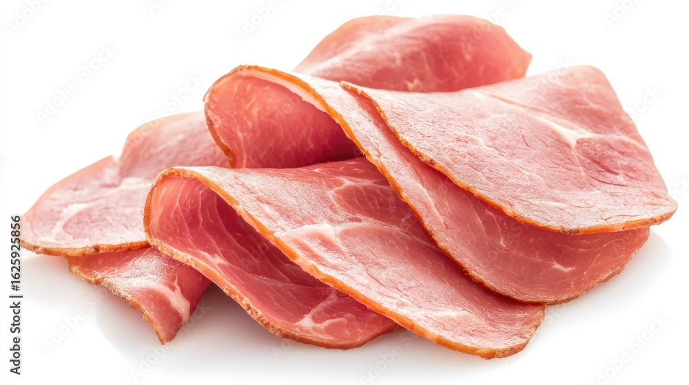 Close-up of tender boiled ham slices isolated on white, showcasing delicate marbling and moist surface for deli or food ads Close-up of tender boiled ham slices isolated on white, showcasing delicate marbling and moist surface for deli or food ads