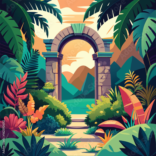Ancient stone archway overgrown with vibrant jungle foliage at sunset