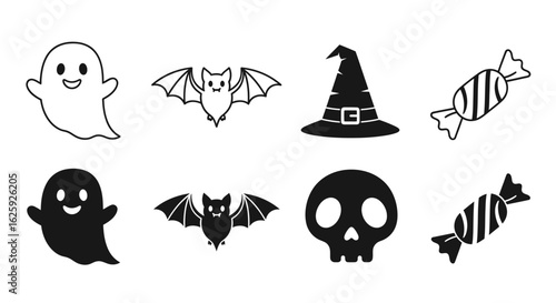 Set of cute Halloween icons with ghost, bat, witch hat, and skull. Black and white outline and silhouette style vector graphics for celebration.