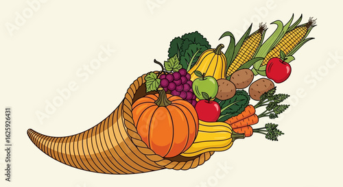 A cornucopia horn of plenty overflowing with an abundant autumn harvest of fresh fruits and vegetables. Vector illustration.