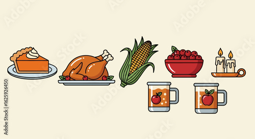 Traditional autumn harvest feast illustration with turkey, pie, and corn for a seasonal celebration