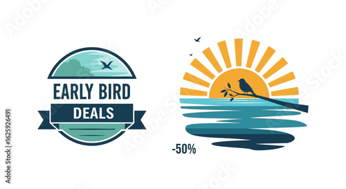 Early bird sale vector illustration emblems. Promotional logos for travel and vacation discounts with sunrise over the ocean.
