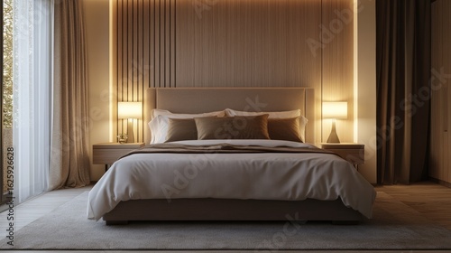 Wallpaper Mural Contemporary bedroom with minimalist lamp on nightstand, softly lighting the bed and surrounding space in muted tones Torontodigital.ca