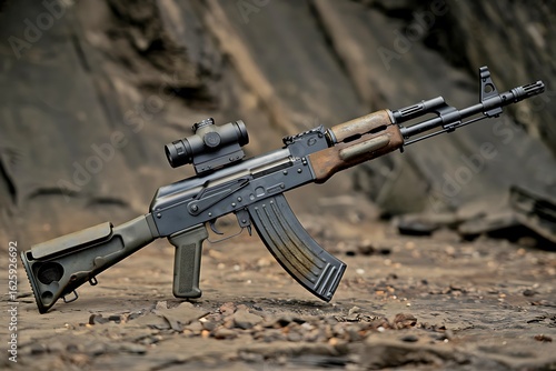 Ak rifle with scope on rocky ground in a close up shot