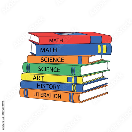 Stack of colorful books with subjects like math, science, art, history, and literature.