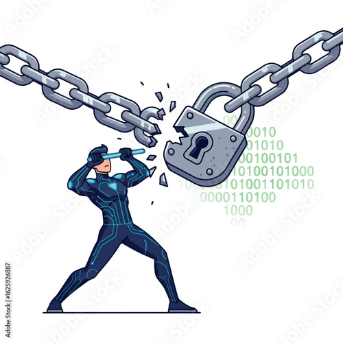 A futuristic hero shatters a chained padlock, symbolizing cybersecurity breach resolution.