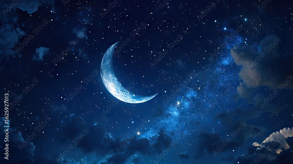Fototapeta premium Crescent moon hanging low in a deep indigo sky filled with shining stars, evoking a peaceful and magical nighttime mood