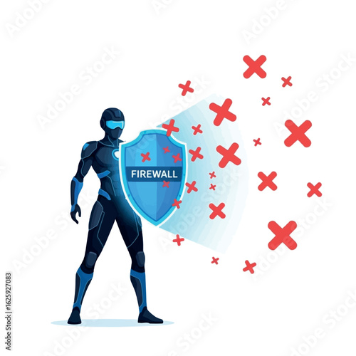 Futuristic figure deflects cyber threats with a firewall shield.