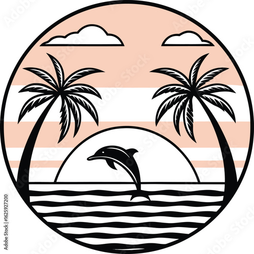 Tropical sunset with dolphin and palm trees