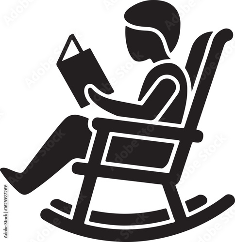 Relaxation Icon: Vector Symbol of Person Reading in Rocking Chair, Black Silhouette Sign