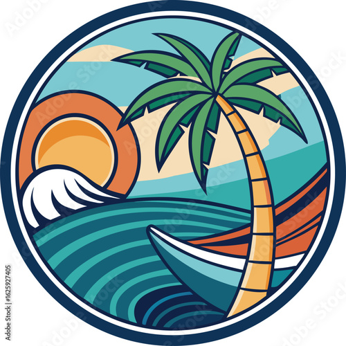 Tropical beach scene with palm tree and boat at sunset