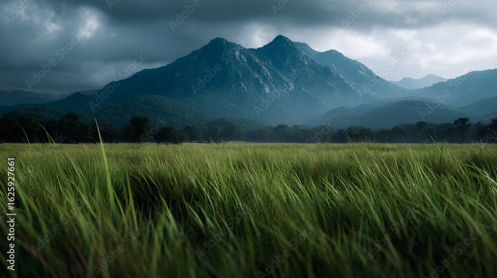 Fototapeta premium Serene rice paddy field with a majestic mountain backdrop