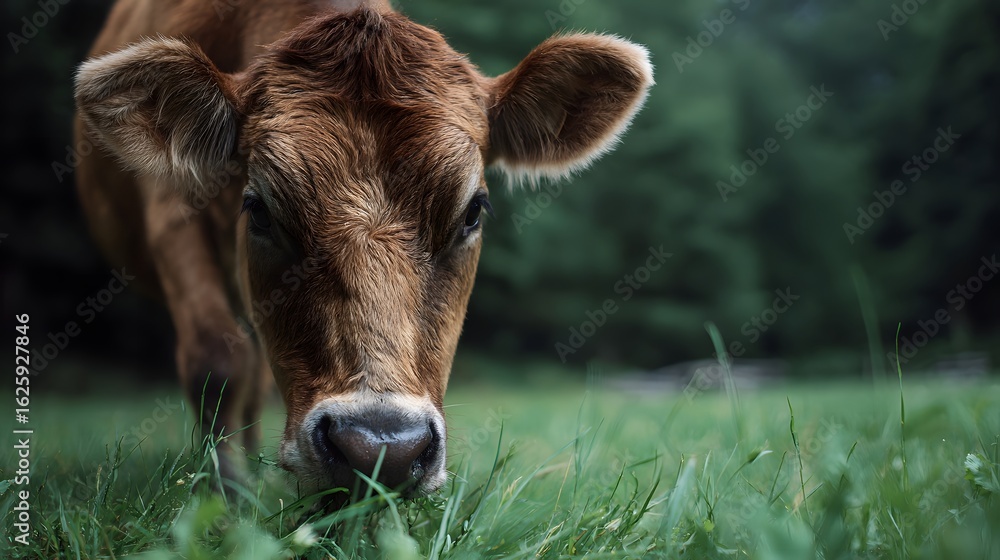 A brown cow grazing peacefully in a lush green pasture A brown cow grazing peacefully in a lush green pasture