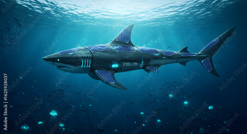 Fototapeta premium shark, solar, energy, underwater, ocean, sea, future, technology, futuristic, innovation, marine, animal, science, power, environment, ecological, conservation, renewable, clean, electric, jellyfish, 