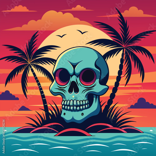 Skull with sunglasses on a tropical island at sunset